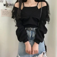 fashion slim autumn womens sexy black long sleeve fake two piece knitted sweater strapless elegant bandage crop tops wild