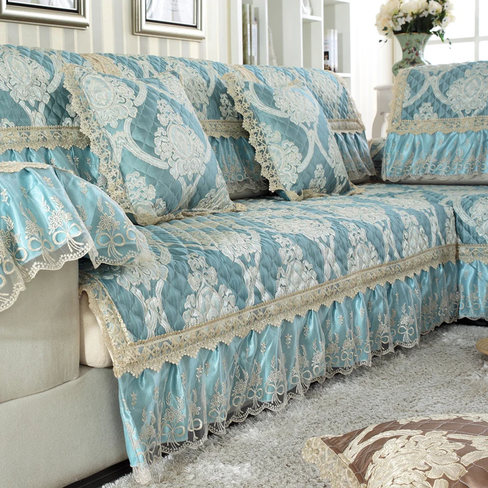 

Blue Luxury Cotton Linen Sofa Cover High-end Lace Jacquard Sofa Towel Non-slip Cushion Backrest Pillow Case Living Room Sofa Set