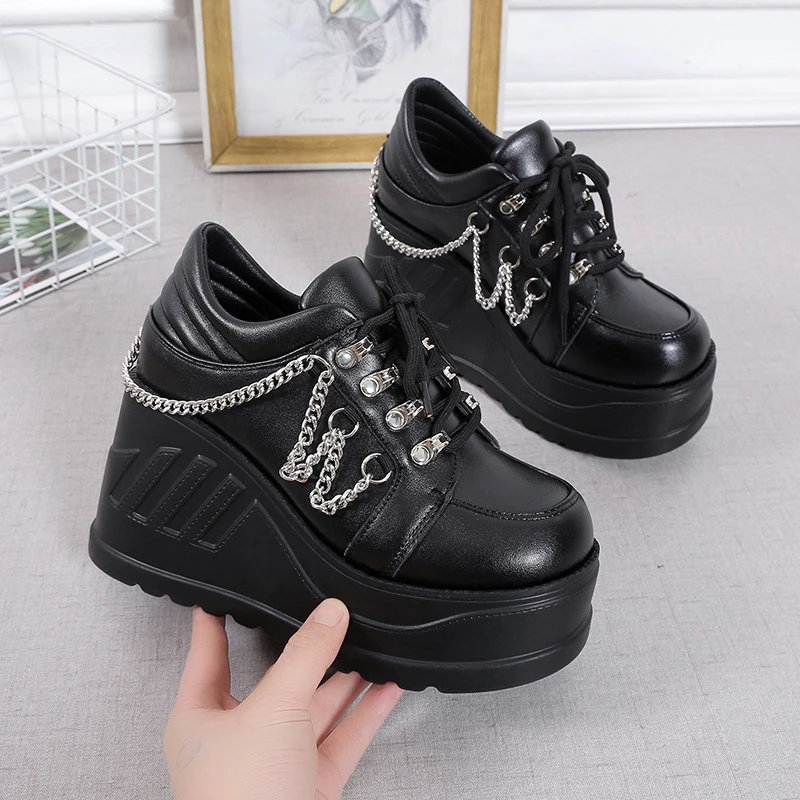 2023 New Size 42 Black Lace Up Buckle Wedges Platform Women's Sneakers Thick Bottom Fashion Gothic Punk Shoes