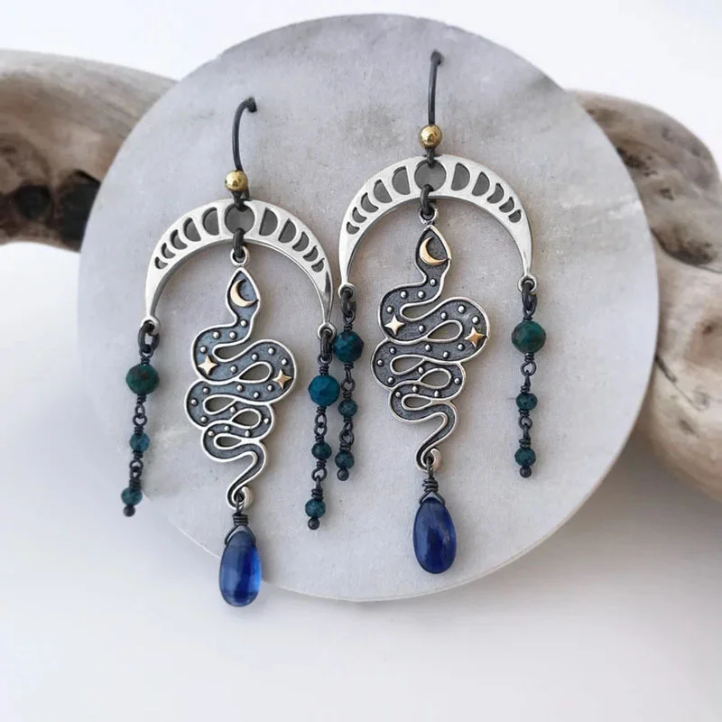 

2023 New Star Moon Snake Shaped Irregular Geometry Blue Stone Tassel Hanging Women's Earrings Vintage Small Pendant Earrings