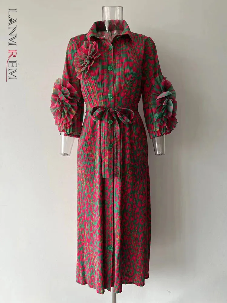 LANMREM 3D плиссированное платье с цветочным принтом женское модное длинное поясом и