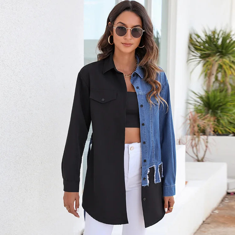 

Blue Temperament Commuter Cardigan Solid Color Lace Up Suit Collar Long Sleeve Casual Shirt Denim Women Shirts Women Clothes