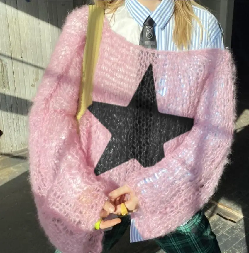 

New Womens Spring Autumn Streetwear Sweater Long Sleeve O Neck Star Print Knitwears Fashion Skin Friendly Daliy Wear Hot Sale