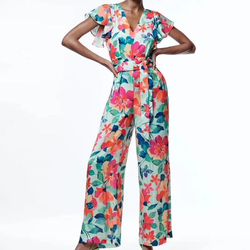 

2022 Summer Women Fashion Flower Print Jumpsuit Vintage Flying Sleeve V Neck With Belt Loose Wide Leg Jumpsuit OZZ1589