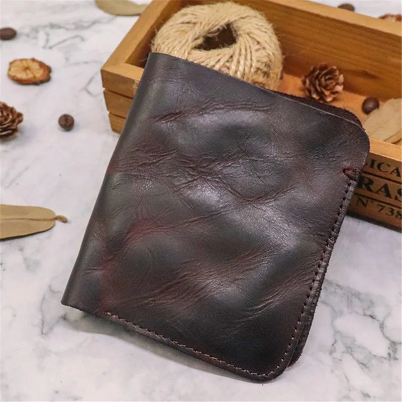 Retro fashion high quality natural genuine leather men women's universal short wallet Minimalist credit card real cowhide wallet