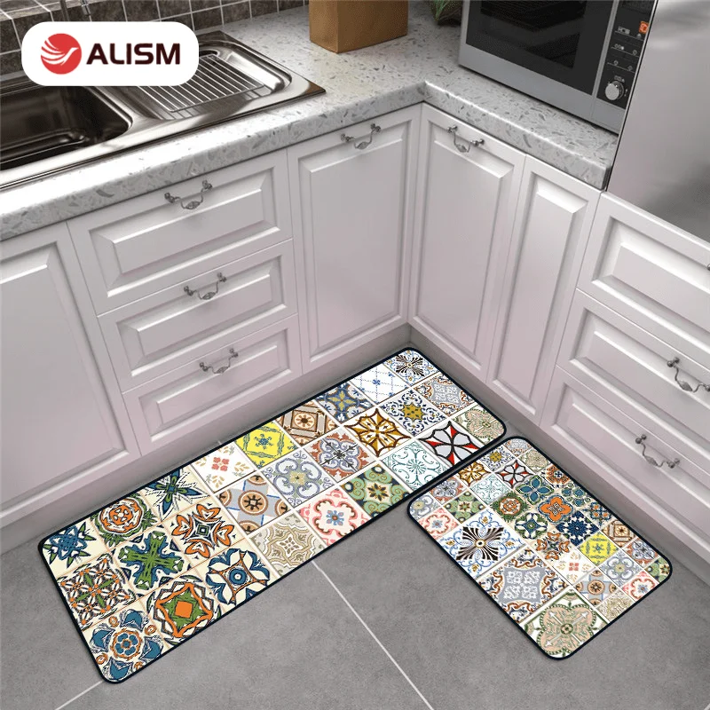 

Boho Style Kitchen Mat Thickened Crystal Velvet Entrance Doormat Ethnic Foot Mat Livigroom Floor Carpet Bedroom Long Bedside Rug