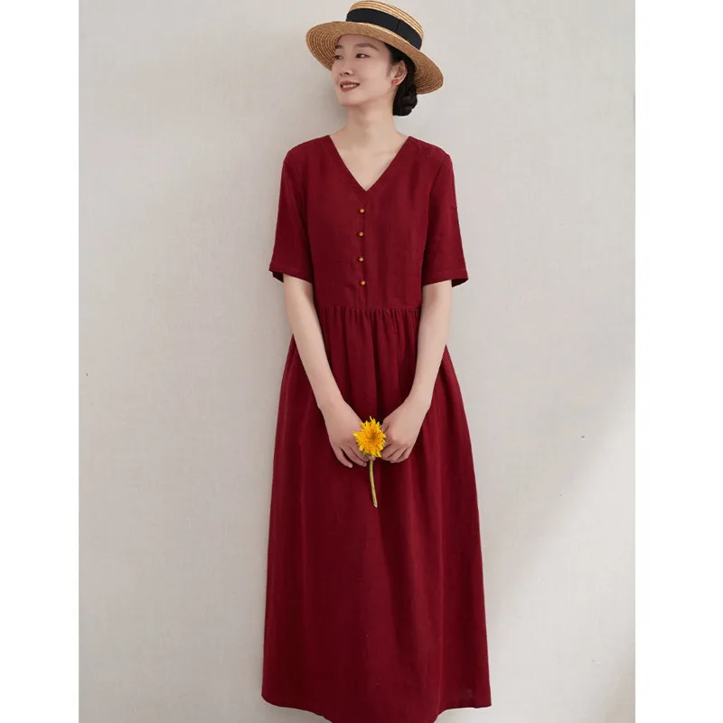 

Red Cotton Linen Dress Elegant Women V Neck Clothing Summer Short Sleeve Midi Long Robe Clothes Slim Maxi Robe Vestidos Tunic