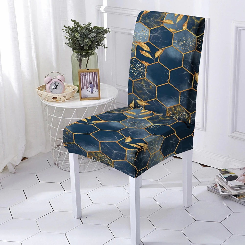 

3D Marble Chair Cover Spandex Table and Chair Chair Back Cover Gold Geometric Seat Cover for Wedding Hotel Banquet Restaurant