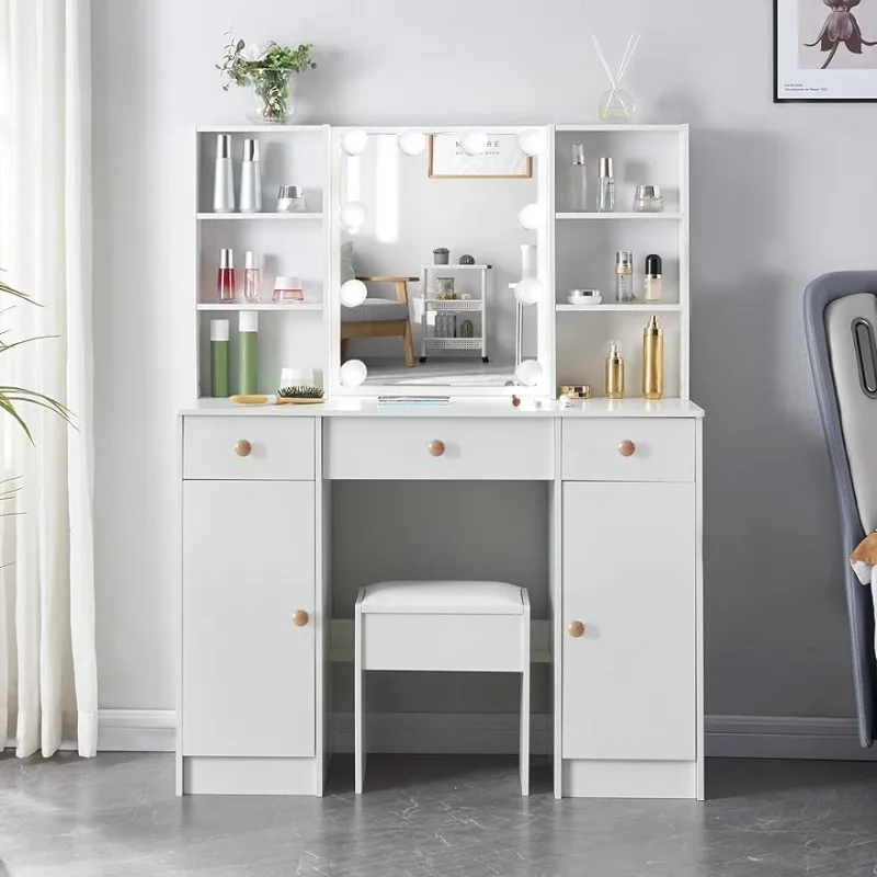 

Столик под раковину с зеркалом и подсветкой, 3 цвета, регулируемый свет, белый столик под макияж с табуретом для спальни