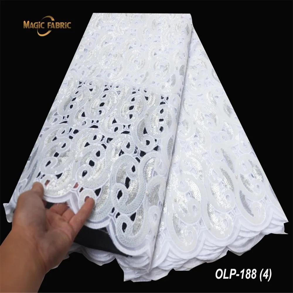 

Hot 5 yards/lot White Big voile lace African Hand cut Organza Lace Fabric with Lots of stones sequins OLP-188