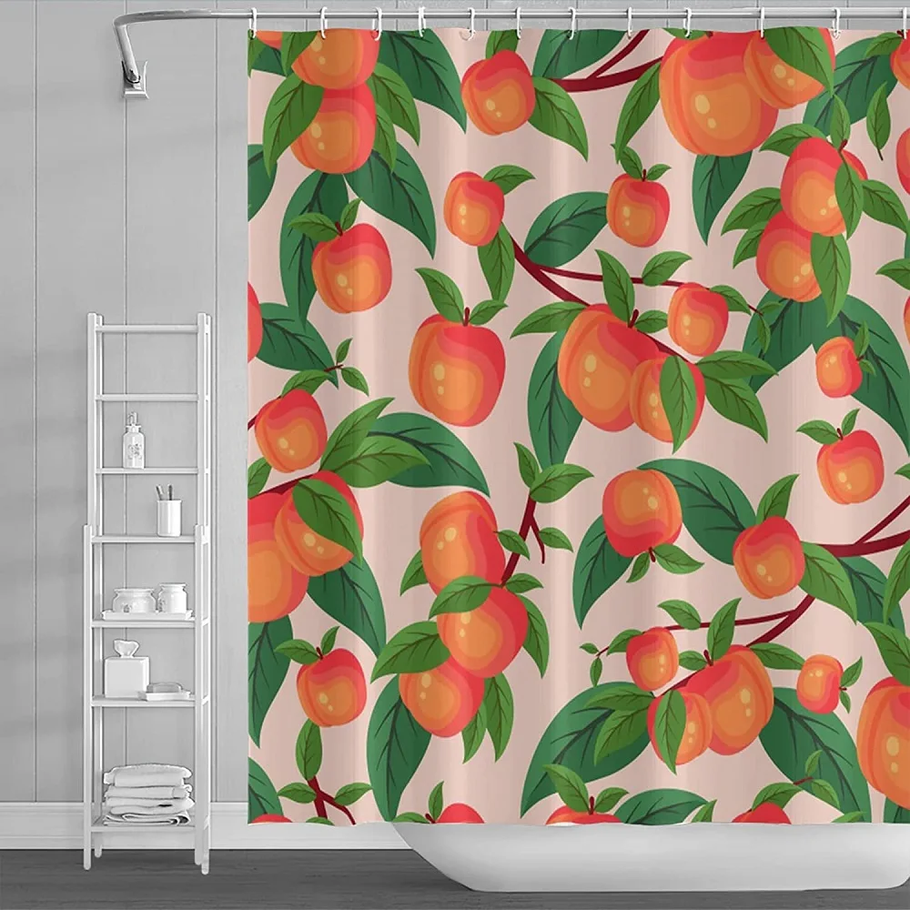 

Peach Shower Curtain Cute Pink Boho Tropical Fruit Orange Apricot Flower Leaves Waterproof Fabric Bath Curtains with Hooks Decor