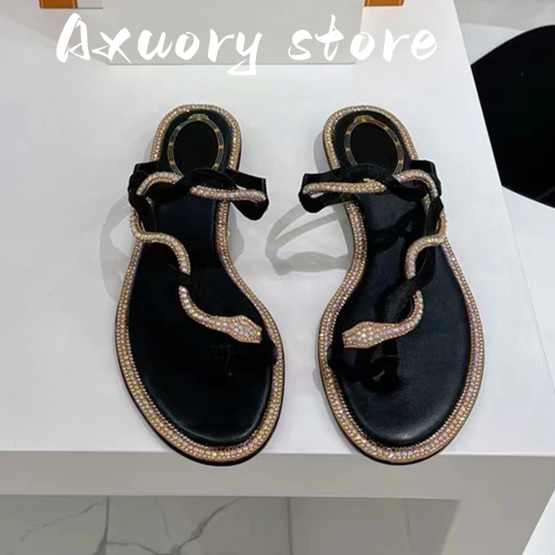 New Black Genuine Leather Toe Crystals Sandals Leisure Beach Flats Rhinestones Shoes For Women Fashion