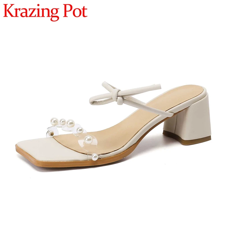 

Krazing Pot Peep Toe High Heel Summer Shoes Pearl Decoration High Street Fashion Onlinestar Recommend Sweet Women Sandals L62