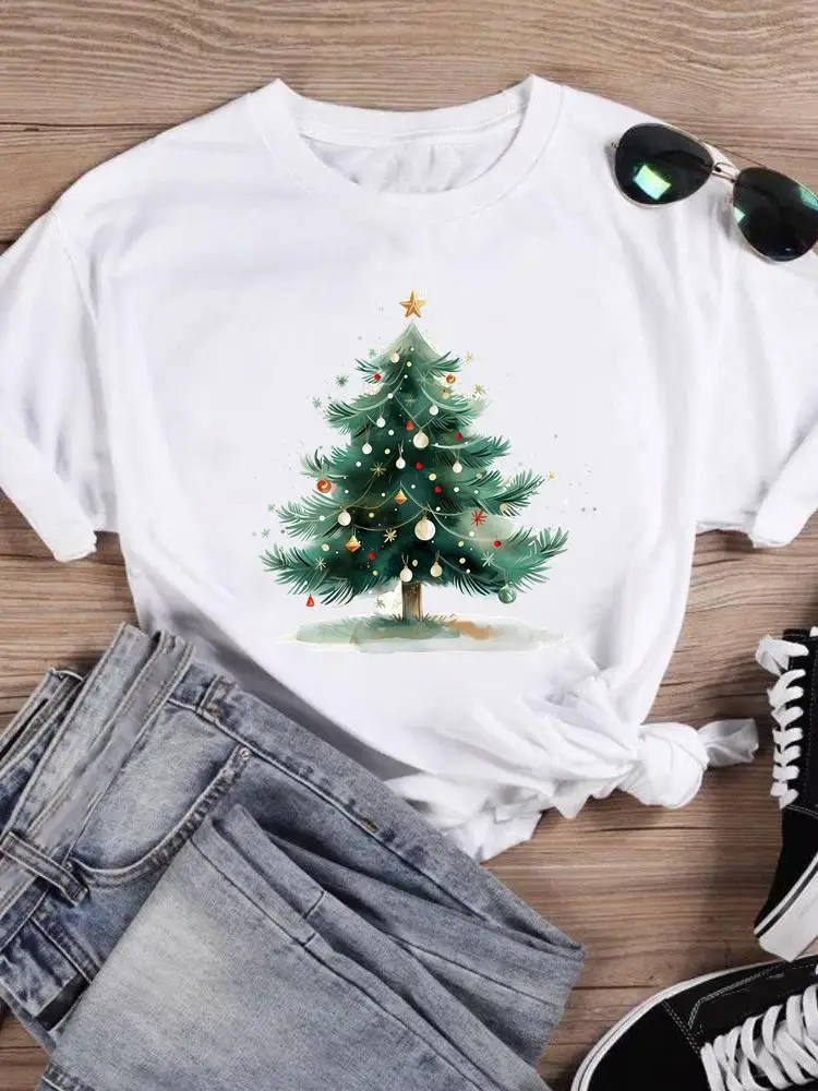 Женская футболка с акварельным принтом надписью Merry Christmas