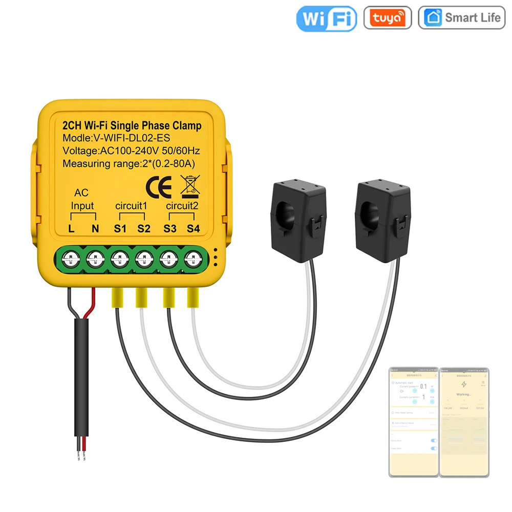 

Tuya WiFi 80A Energy Meter On-off Controller Current Transformer Clamp KWh Power Monitor Electricity Statistics Monitoring