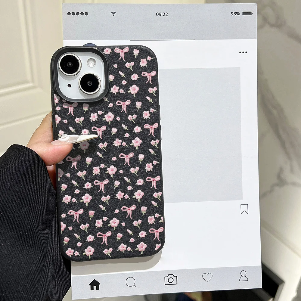 Фото Милый розовый чехол для телефона с цветочным узором для iPhone 16 15 13 11 14 12 17 Pro Max Air Plus, кожаный, с текстурой личи, противоударный, мягкий чехол-накладка №5