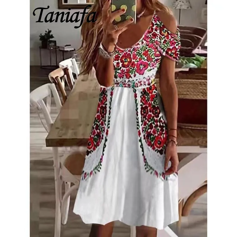 

Bohe Women Fashion V-Neck Off Shoulder Short Sleeve Dress Print Mini Dress