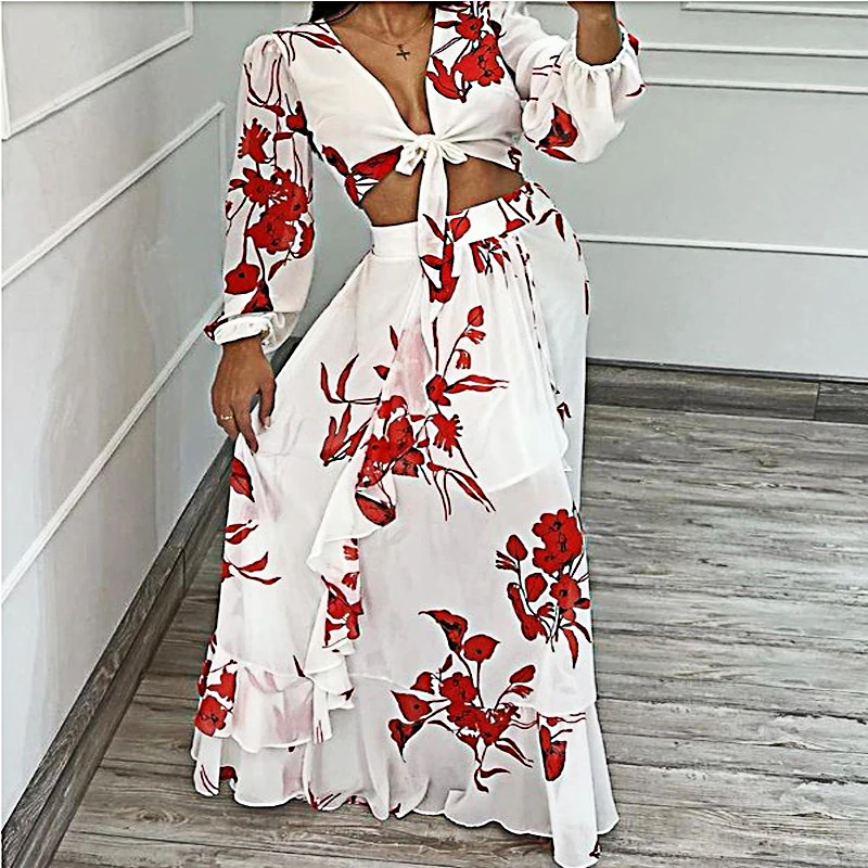 

Fashion Chiffon Printed White Long Dress Sexy Suit Long Sleeve Short Top Bohemian Dress Two Piece Short Skirt Beach Skirt