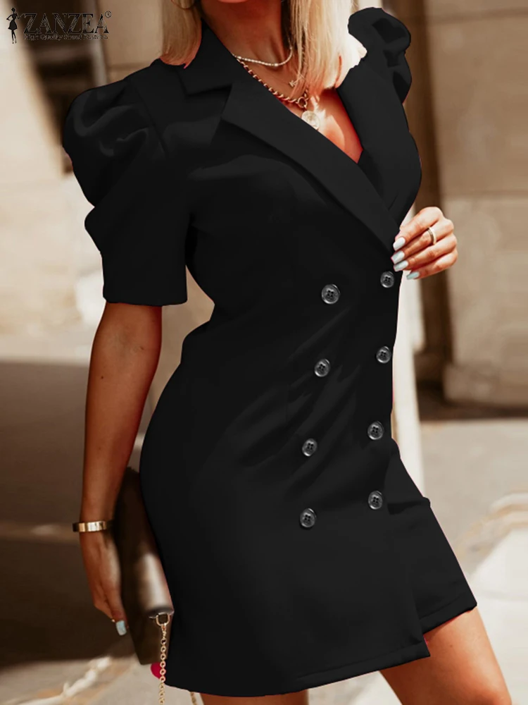 

ZANZEA 2023 Summer Office Lady Dresses Vintage Solid Color Blazer Dress Fashion Women Lapel Collar Vestido Sexy Puff Sleeve Robe