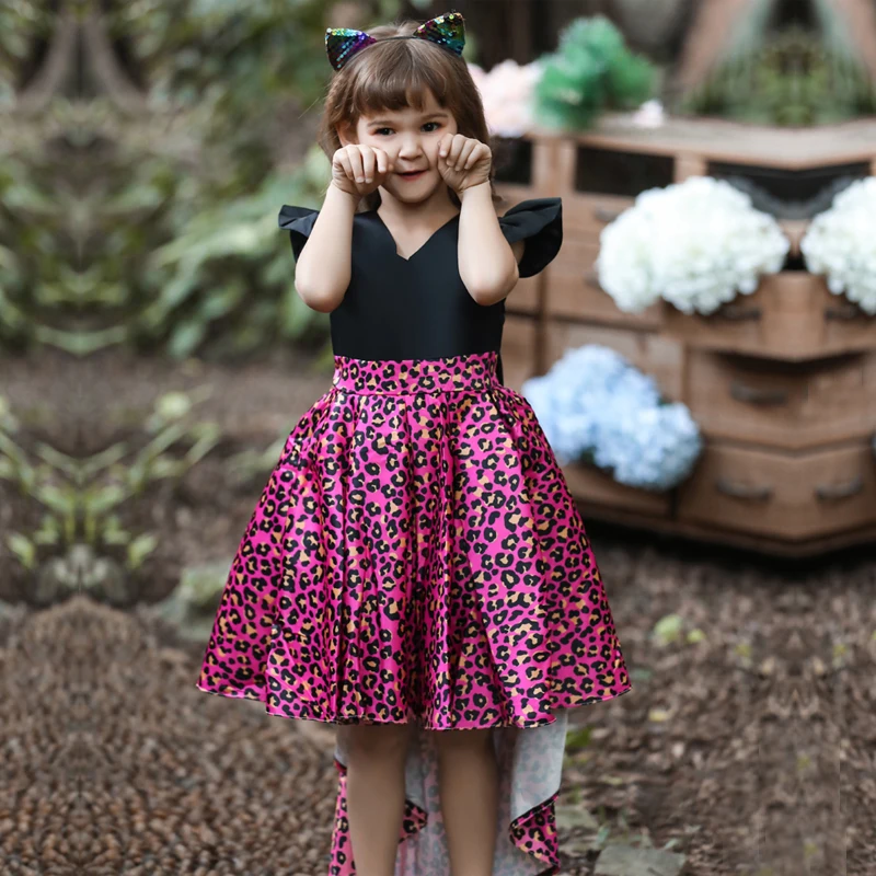 

Kids Dress for Girls Wedding Leopard V-neck Girl Dress Princess Party Long Trailing Formal Gown For 2-10 Year Children Dress