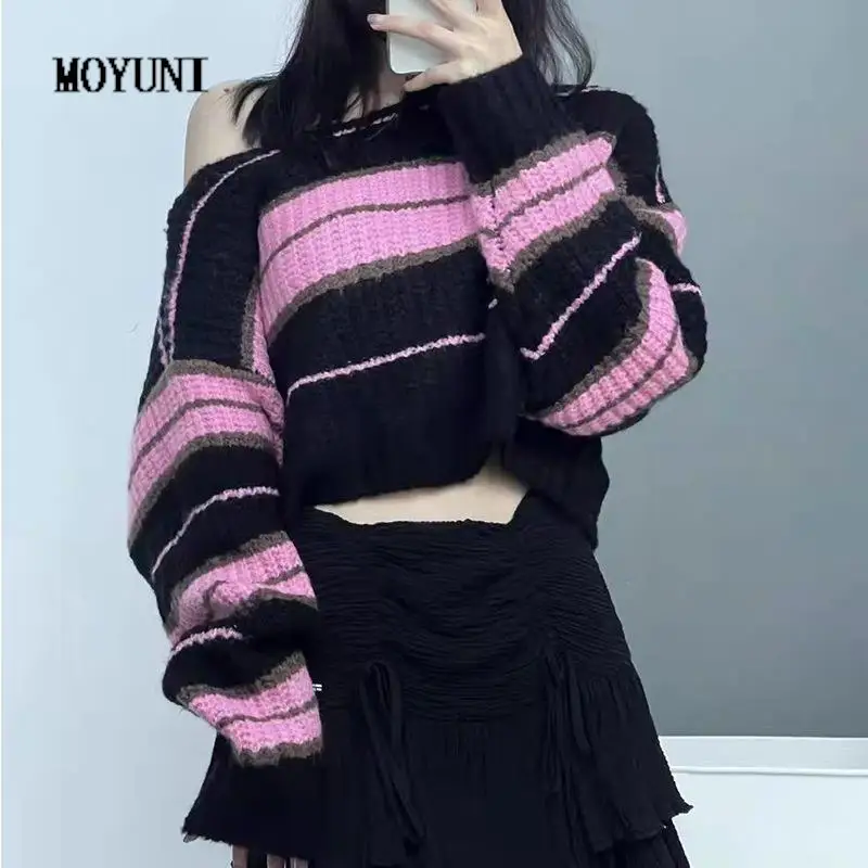 

Женский облегающий свитер в полоску, черный и розовый вязаный свитер с открытыми плечами, джемпер, одежда в готическом стиле Y2k, 2022