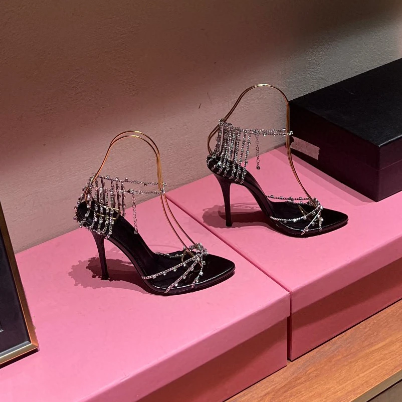 2023 Women's Sandals Spring Summer High Heels Pumps Rhinestone Chain Belt Sandals Women's Slim Heels Open Toe Sexy Women's Shoes