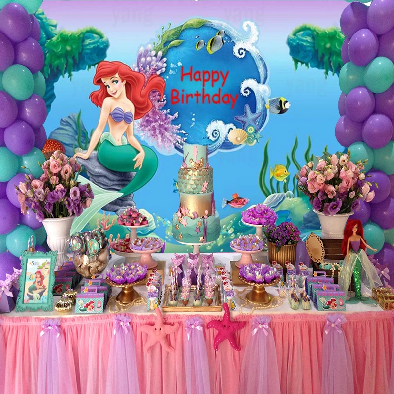 Disney Little Mermaid  Ariel Princess Backdrop Under The Sea Mermaid Background Photography Girls Birthday Party Decoration