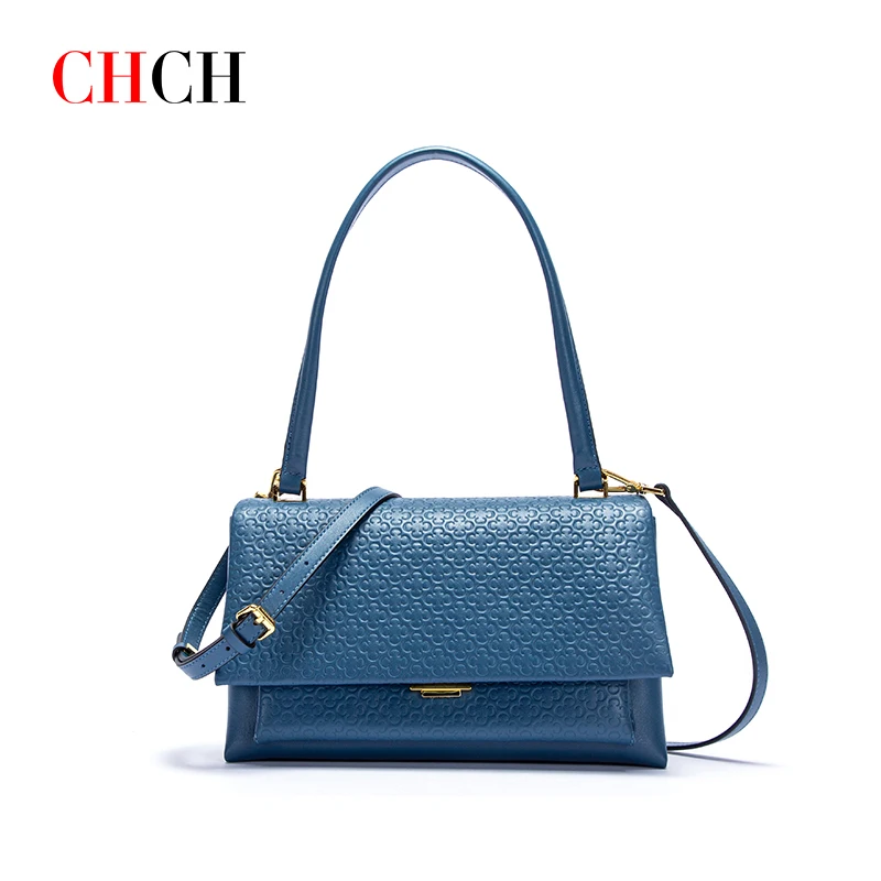 CHCH Women's Handbag Luxury Genuine Leather Fashion Design Soft Embossed Texture Detachable Strap Single Shoulder Bag for Ladies