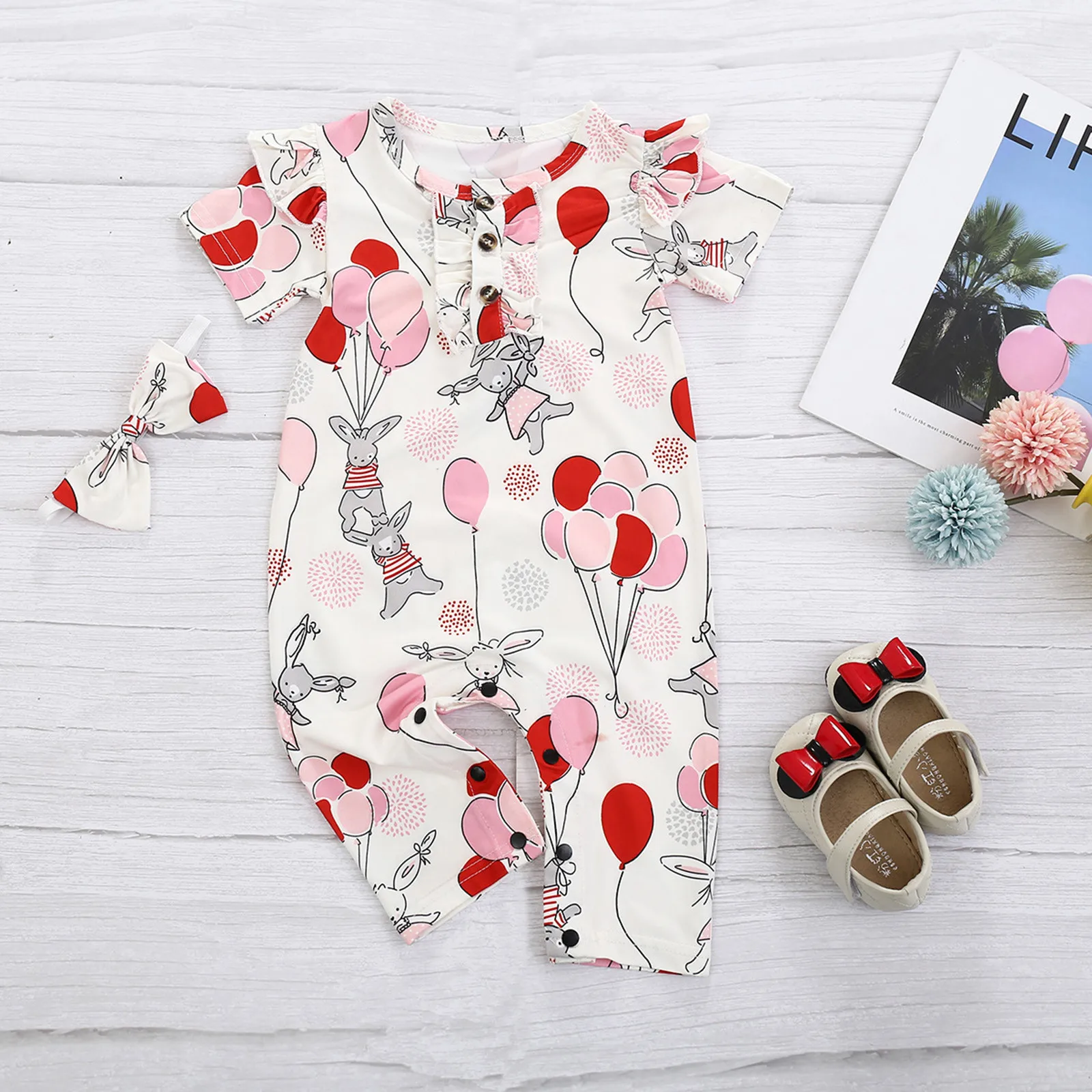 

Newborn Baby Girl Romper Easter Clothes Cartoon Bunny Print Jumpsuit Bowknot Headband Ruffles Sleeve Toddler Costume 3-24Ms