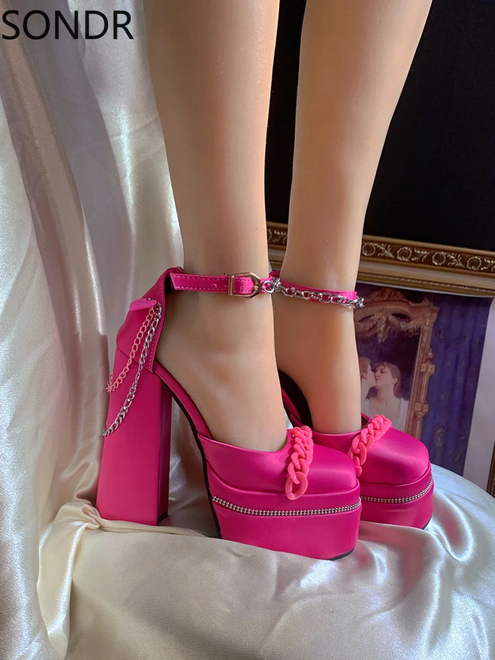 

Womens Square Toe Platform Rhinestones Chain Block Chunky High Heel Sandals Pumps Shoes Slingbacks Luxury New