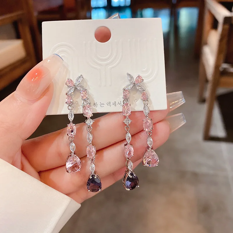 

Silver Needle Zircon Flower Water Drop Tassel Earrings With Luxurious Temperament, Heavy Industry Long Earrings, Net Red Design