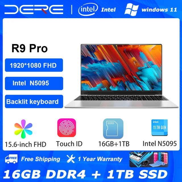 Ноутбук Dere R9 Pro, 15,6 дюйма, 16 ГБ ОЗУ, 1 ТБ SSD, Intel Celeron N5095, двухдиапазонный, Wi-Fi, офисный компьютер, Windows 10, ноутбук 1