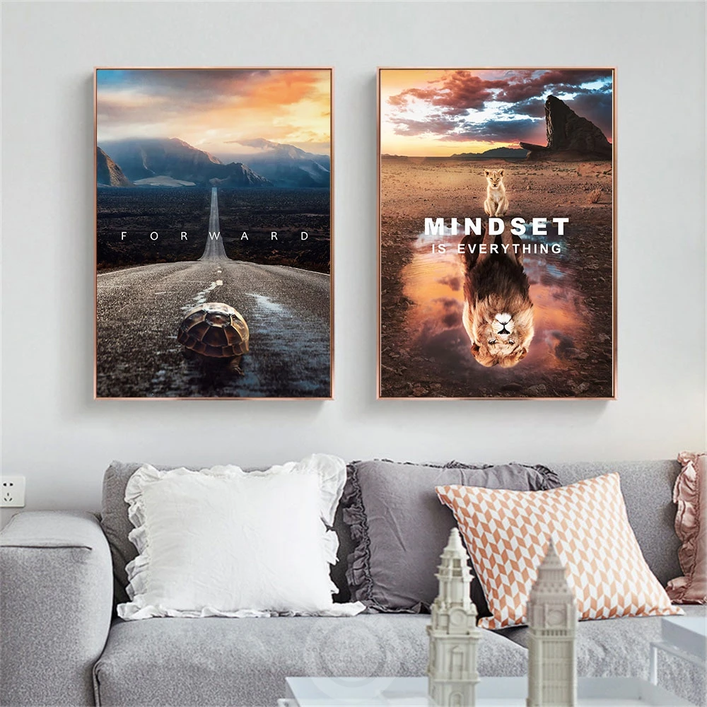 Животные Лев Mindset Is All мотивационные цитаты холст живопись черепаха вперед плакат