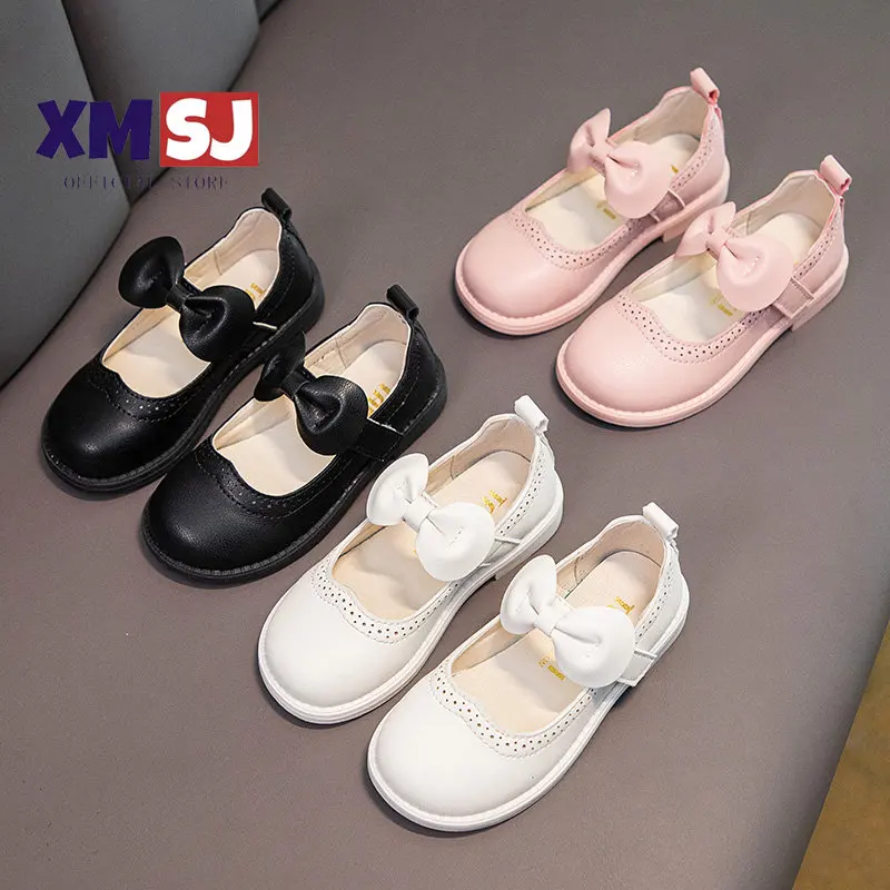 Girl's Mary Janes Concise Style Bowtie Solid Color Soft Toddler Girl Leather Shoes Round Toe 21-34 Fashion School Kids Flats