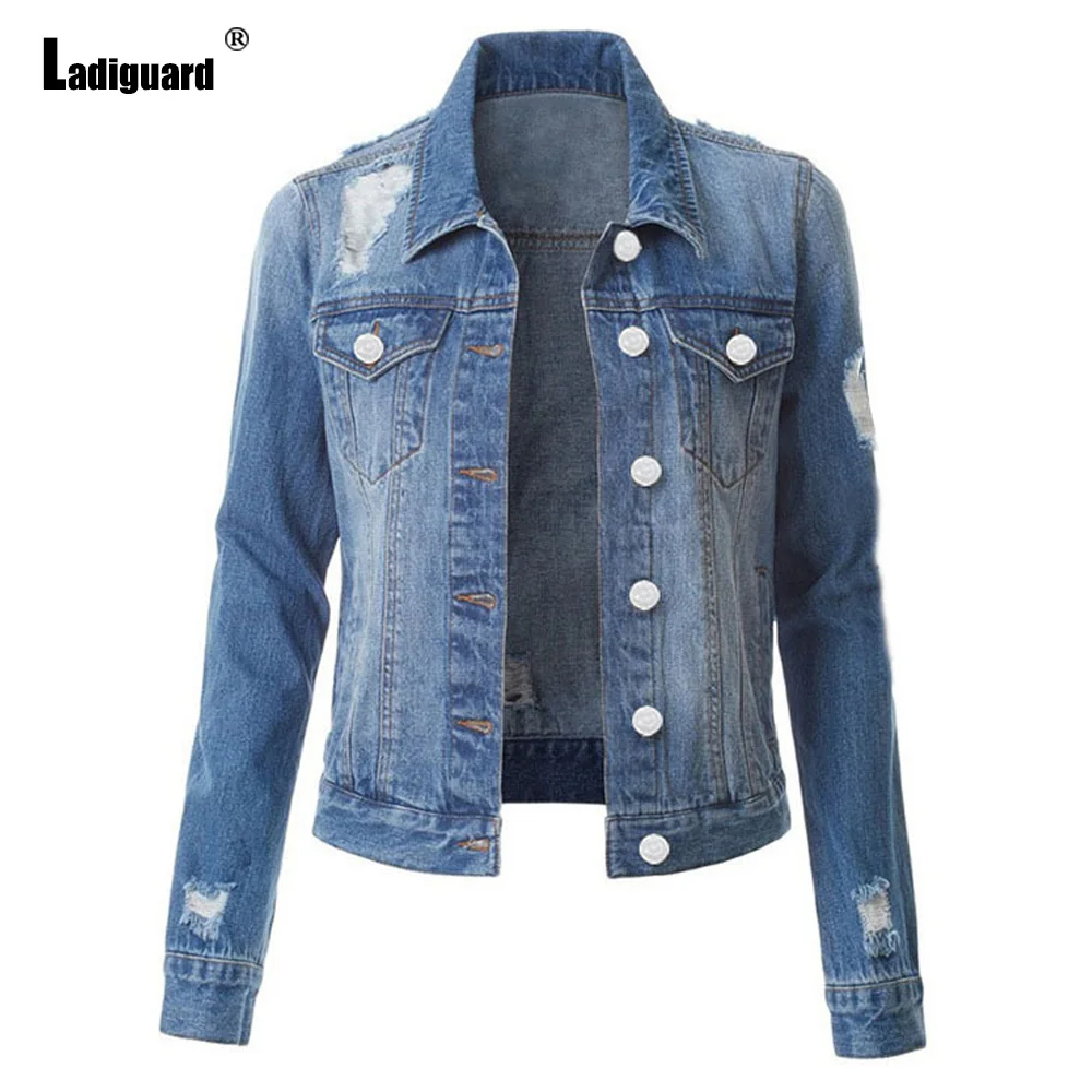 

Ladiguard Women Sexy Ripped Denim Jacket Casual Stand Pocket Demin Jackets Vaqueros Mujer 2022 Single Breasted Jean Outerwear