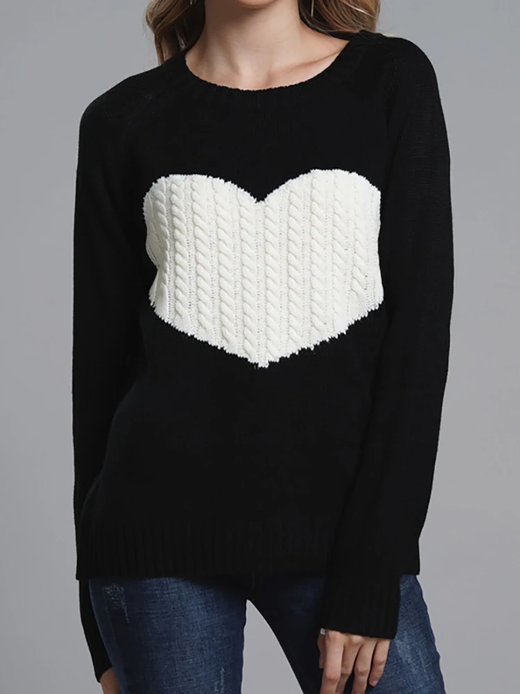 

Winter Heart Pattern Pullover Women Casual Loose Knitted Sweater O-Neck Long Sleeve Knitwear Female Fashion Elegant Warm Jumper