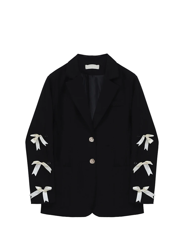 

Black Color Vintage Women Autumn Lapel Blazer Bow Decoration Baggy Long Sleeve Jacket Coat Female Basic Suit Office Lady Cozy