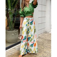 women casual wide leg pants set sexy mujer outfits v neck short sleeve crop top high waist print two piece sets fashion clothing