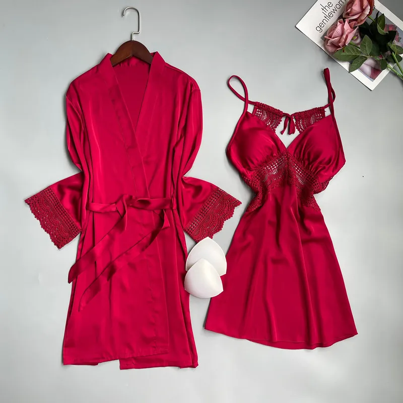 

Повседневный атласный комплект для сна из 2 предметов, кимоно, халат, ночная рубашка, женское интимное нижнее белье, ночная сорочка из вискозы, кружевная отделка