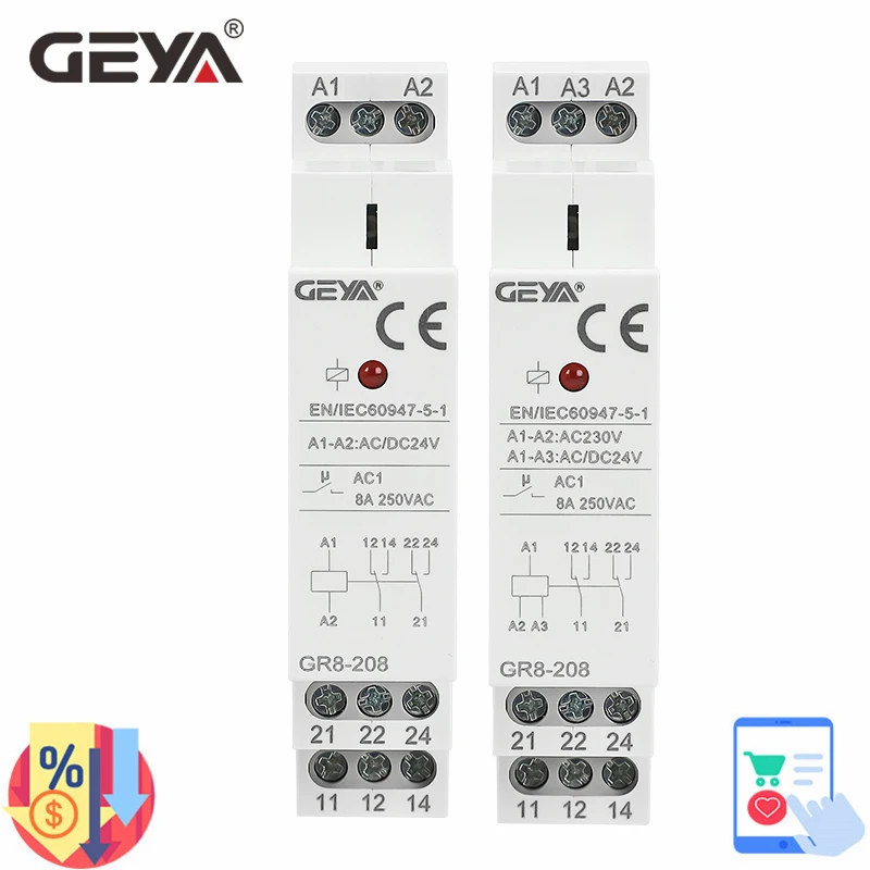 GEYA GR8-208 вспомогательное реле, промежуточный переключатель 8A 2SPDT 12 в 24 в 48 в 110 В 220 В, реле, модуль Din-рейки
