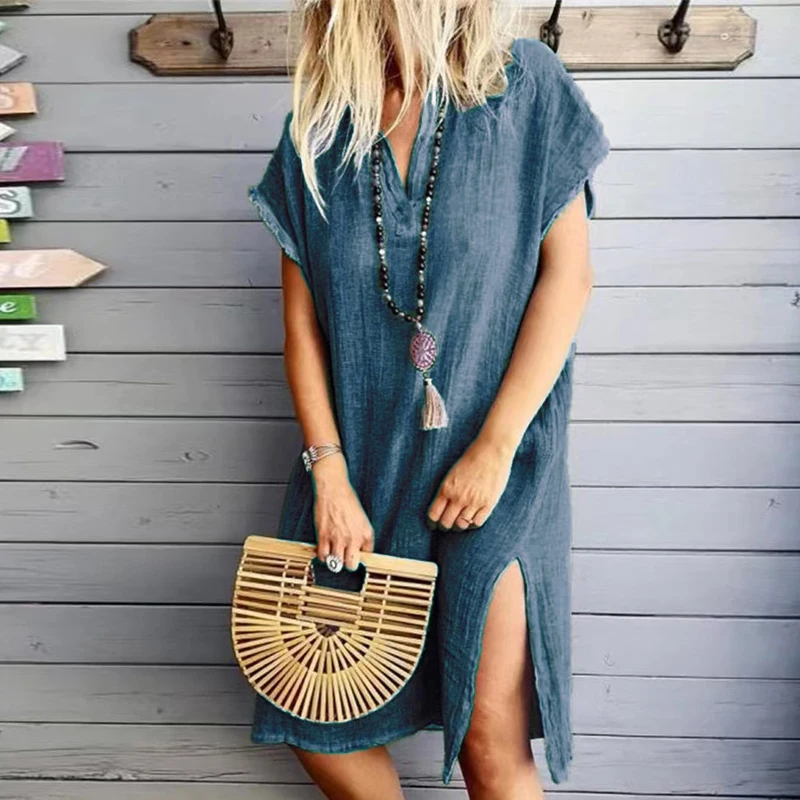 

Женское свободное платье средней длины, Элегантное повседневное платье из хлопка и льна с глубоким V-образным вырезом и коротким рукавом, с разрезом сбоку, лето
