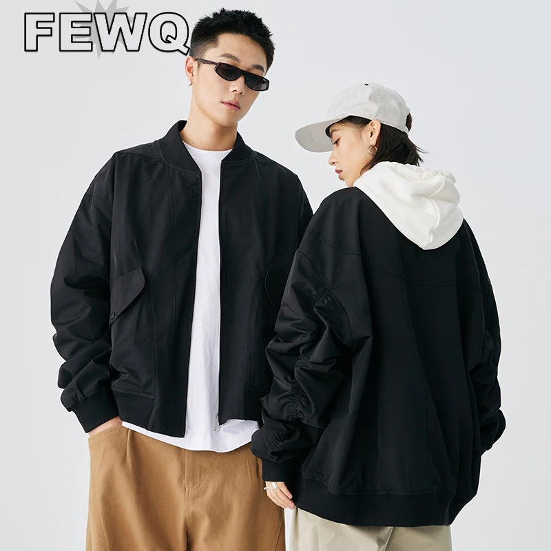 

FEWQ American Men's Jackets Solid Color Sleeve Pleated Desgin Male Casual Large Pocket Round Collar 2023 Spring Tide New 24B869