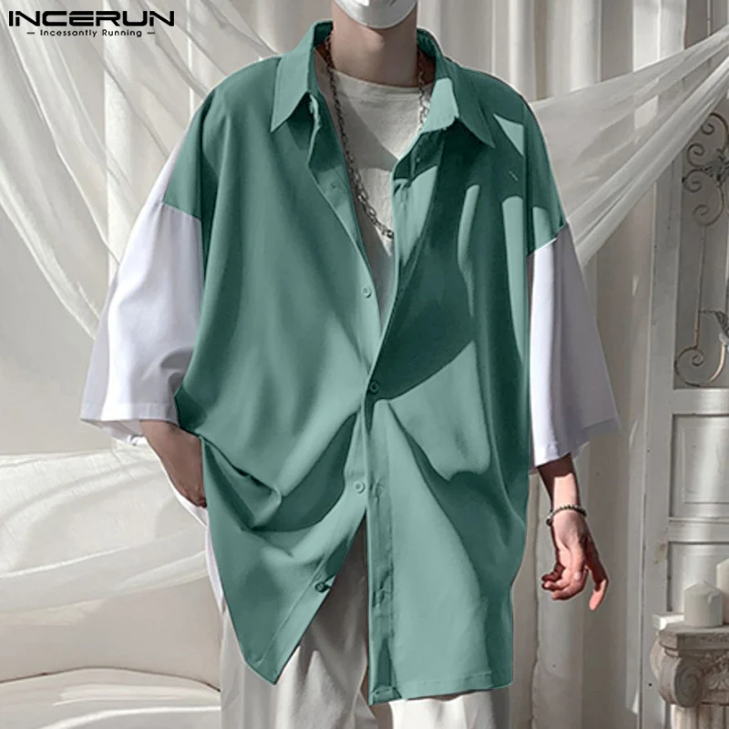 

INCERUN Men Shirt Patchwork Lapel Half Sleeve Streetwear Men Clothing Summer Oversize Korean Style Fashion Casual Shirts S-5XL