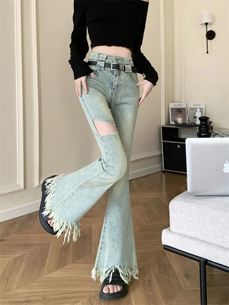 

Женские джинсы с дырками, синие джинсы с высокой талией в стиле Харадзюку, уличные штаны в стиле 90-х, одежда Y2K, 2023