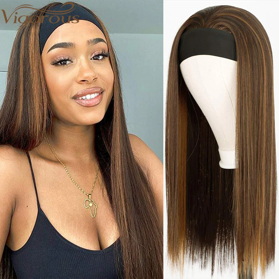 

Vigorous Synthetic Long Straight Synthetic Headband Wig Blonde Highlight Wig for Women 20 Inch Headband Wigs for Daily Party Use