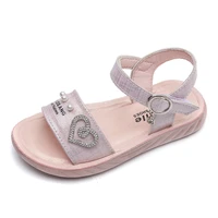 pink princess kids fashion sandals 2022 flat non slip open toe with rhinestones love and pearls cute casual children beach shoes