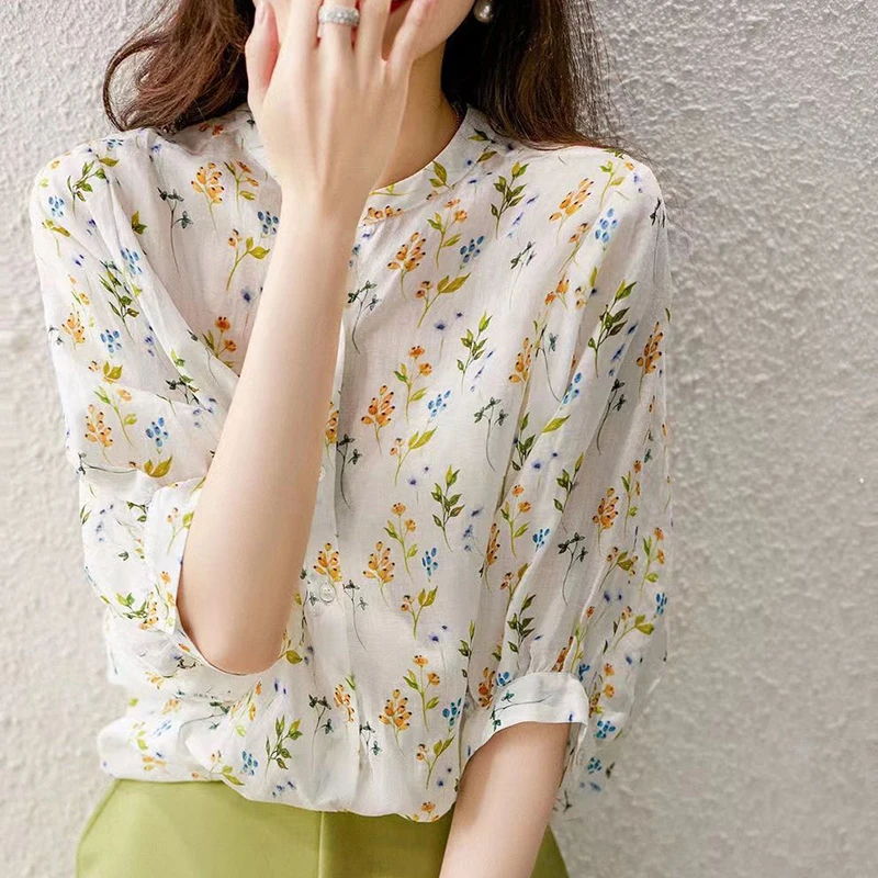 

Sweet Japan Women Floral Blouse Elegant Summer Fashion Beach Puff Sleeve Top Casual O Neck Buttons Female Casual Shirt New