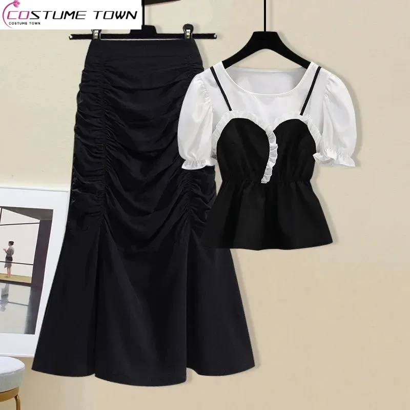 

2023 Korean Version of Spring and Summer New Sweet Bubble Sleeve Top Fishtail Skirt Suit Fashion Two-piece Suit