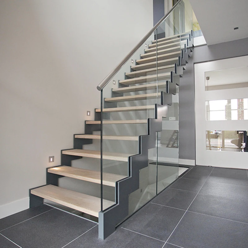 

Toughened Glass Guardrail Double Beam Stairs Modern Simple Steel Wood Integral Thermocline Attic Villa Stairs Customized By