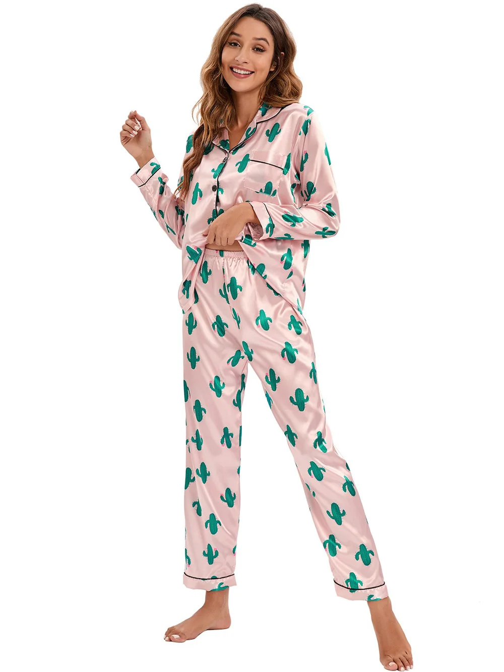 Womens Satin Pajamas Print Cactus Long Sleeve Sleepwear Silky Soft Button Down Loungewear Set Loose Leisure Homewear